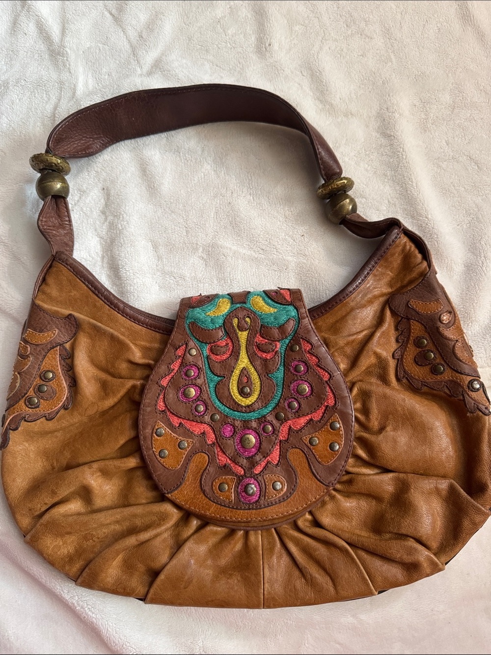 Brown Leather Shoulder Bag with Multicolor Embroidered Flap